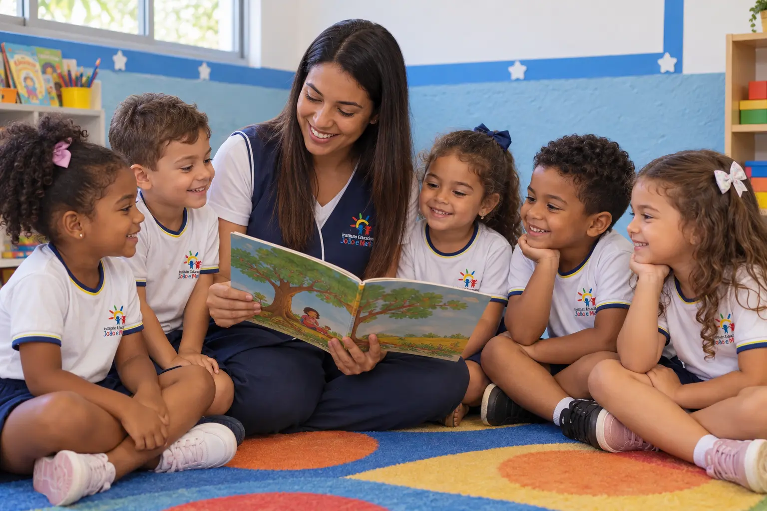Professora lendo um livro para crianças com a farda da escola, sentadas em roda na sala de aula